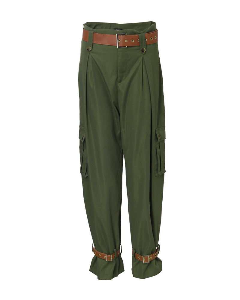 Women's Pockets Design Cargo Pants Casual High Waisted Trousers with Contrast Belt - Image 12