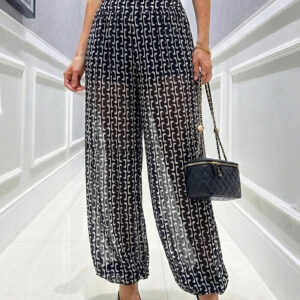 Women's Vintage Chain Print Sheer Chiffon Pants High-Waisted Loose Lantern Joggers Lightweight Breathable Lounge Pants with Pockets