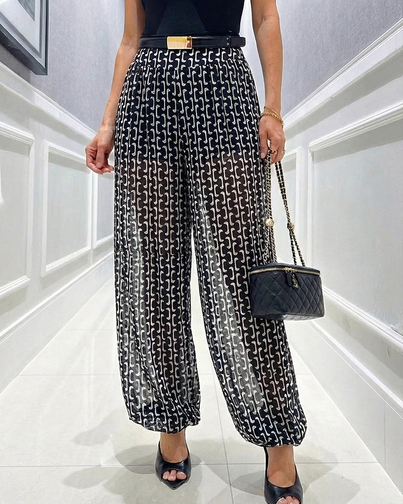 Women's Vintage Chain Print Sheer Chiffon Pants High-Waisted Loose Lantern Joggers Lightweight Breathable Lounge Pants with Pockets