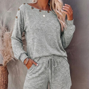 Women's 2 Piece Lounge Set Button Decor Long Sleeve Pullover Top and Drawstring Shorts Casual Sweatsuit with Pockets