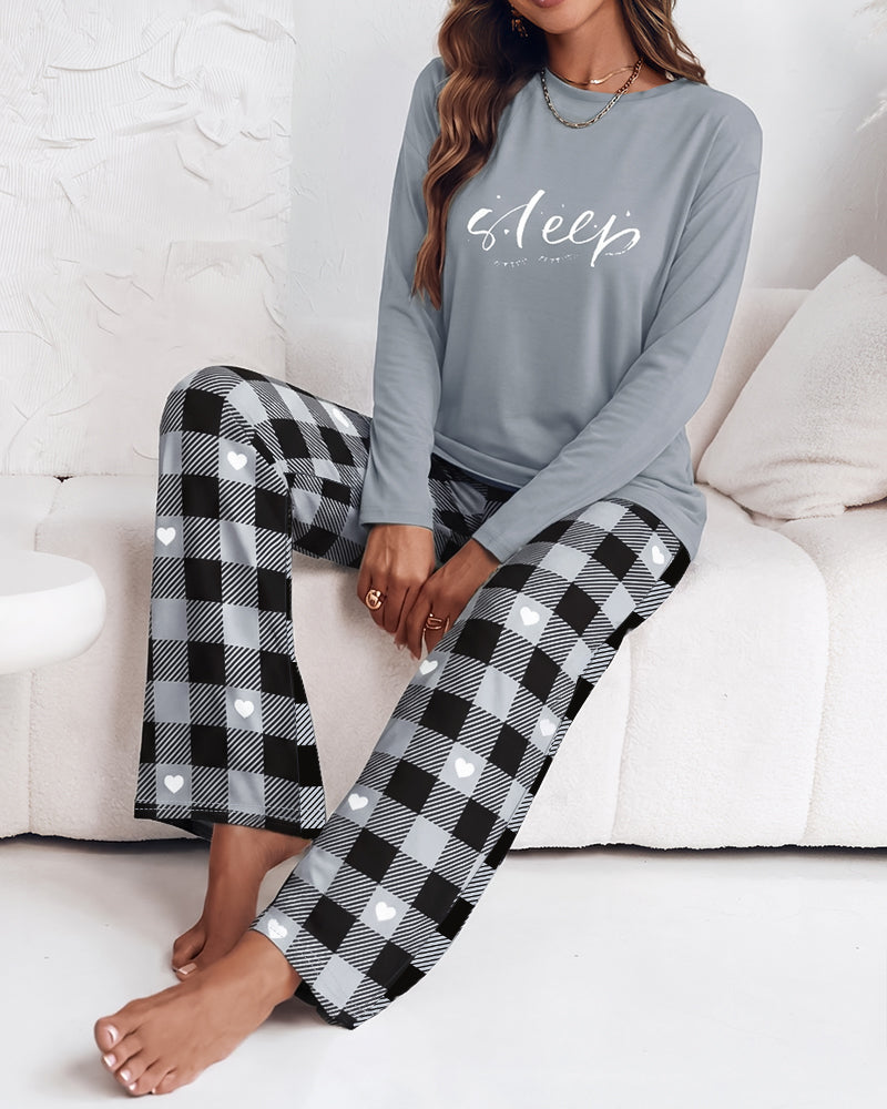 Women's 2 Piece Pajama Set Letter Print Long Sleeve Top and Plaid Heart Wide Leg Pants Casual Lounge Set - Image 3