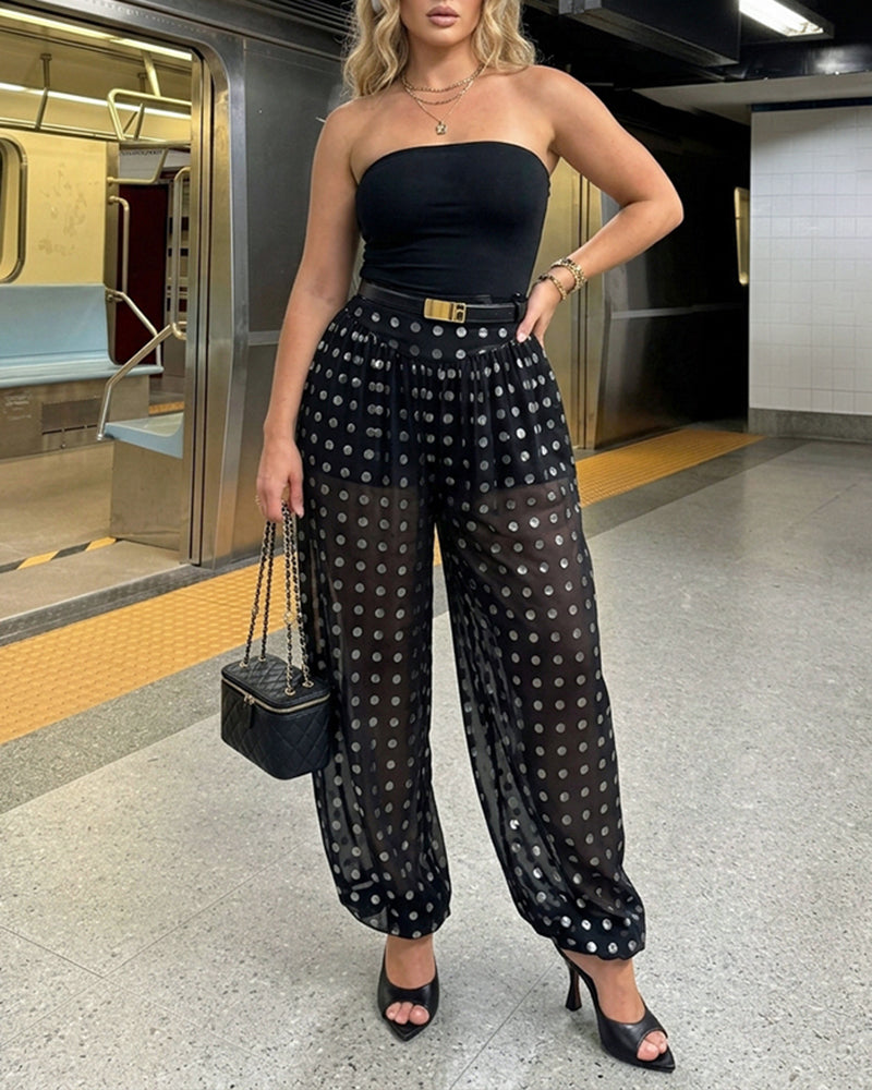 CHICME Women's Polka Dot Sheer Lantern Pants High Waist Loose Fit Harem Pants Vintage See-Through Trousers with Lining - Image 3