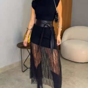 Women's Knit Lace Hem Maxi Dress Elegant Mock Neck Cap Sleeve Party Dress