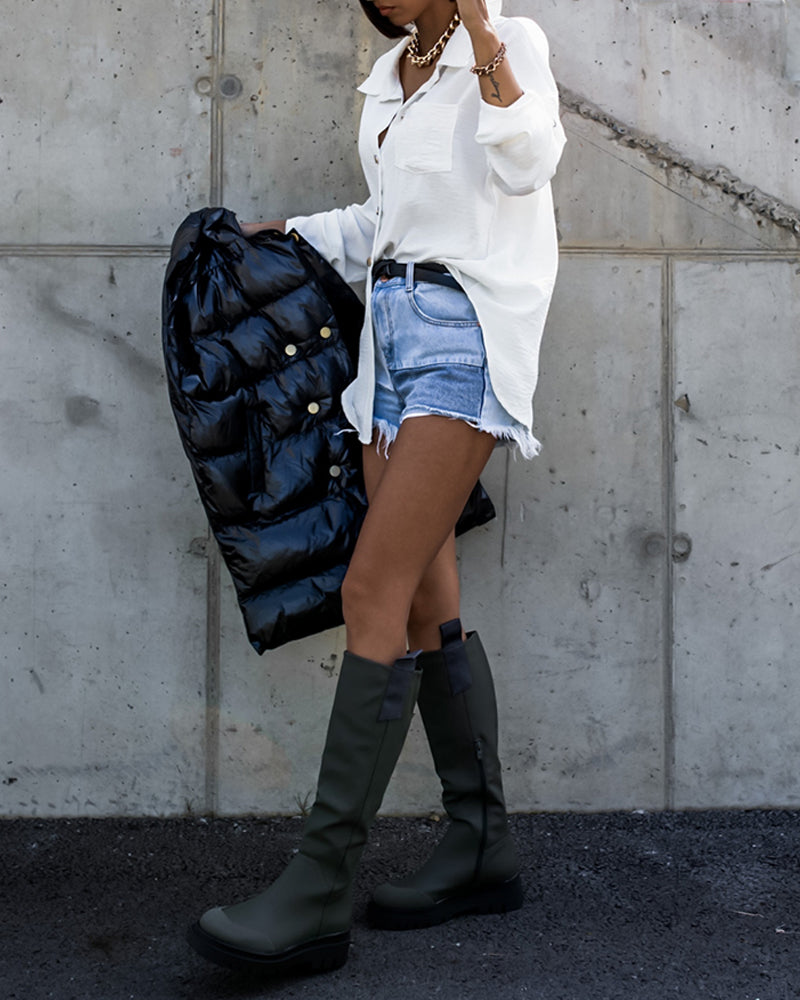 Metal Chain Decor Turn-down Collar Turn-Up Sleeves Front Button Shirt Casual Backless Asymmetrical Hem Top - Image 2