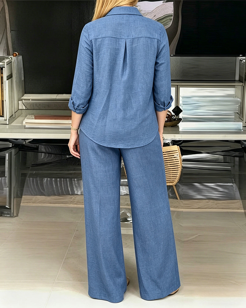 Women's 2 Piece Textured Set Button Down Shirt and Wide Leg Pants Set Casual Loose Lightweight Outfits with Pockets - Image 2