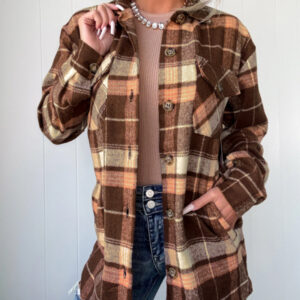 Women's Plaid Long Sleeve Button Down Brushed Shacket Casual Turn-down Collar Coat