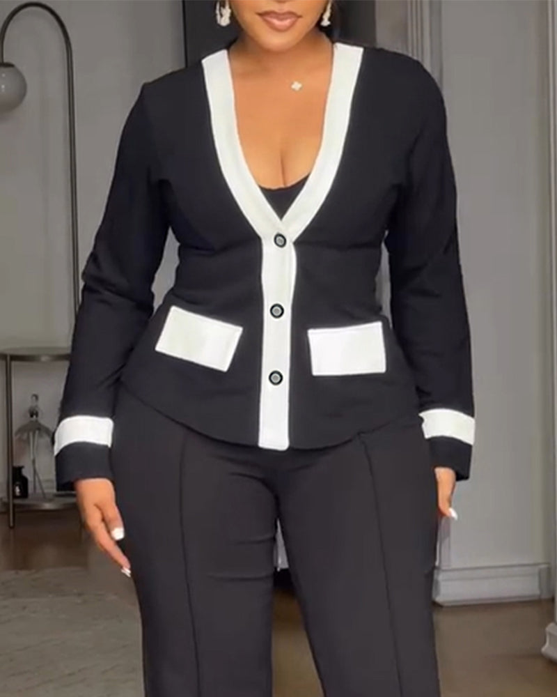 Women's Contrast Binding Coat Casual Slim Fit V Neck Jacket Button Front Office Business Workwear - Image 6