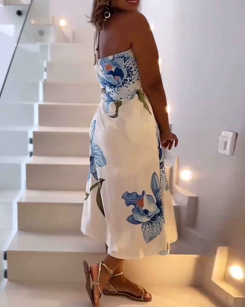 2 Pieces Outfit Floral Print Halter Slit Long Top and Casual Drawstring Shorts Set with Pockets - Image 2