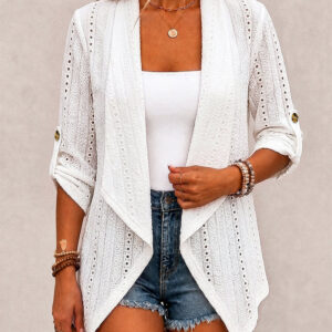 Women's Textured Jacquard Hollow Out Coat Open Front Lapel Roll Up Sleeve Coat