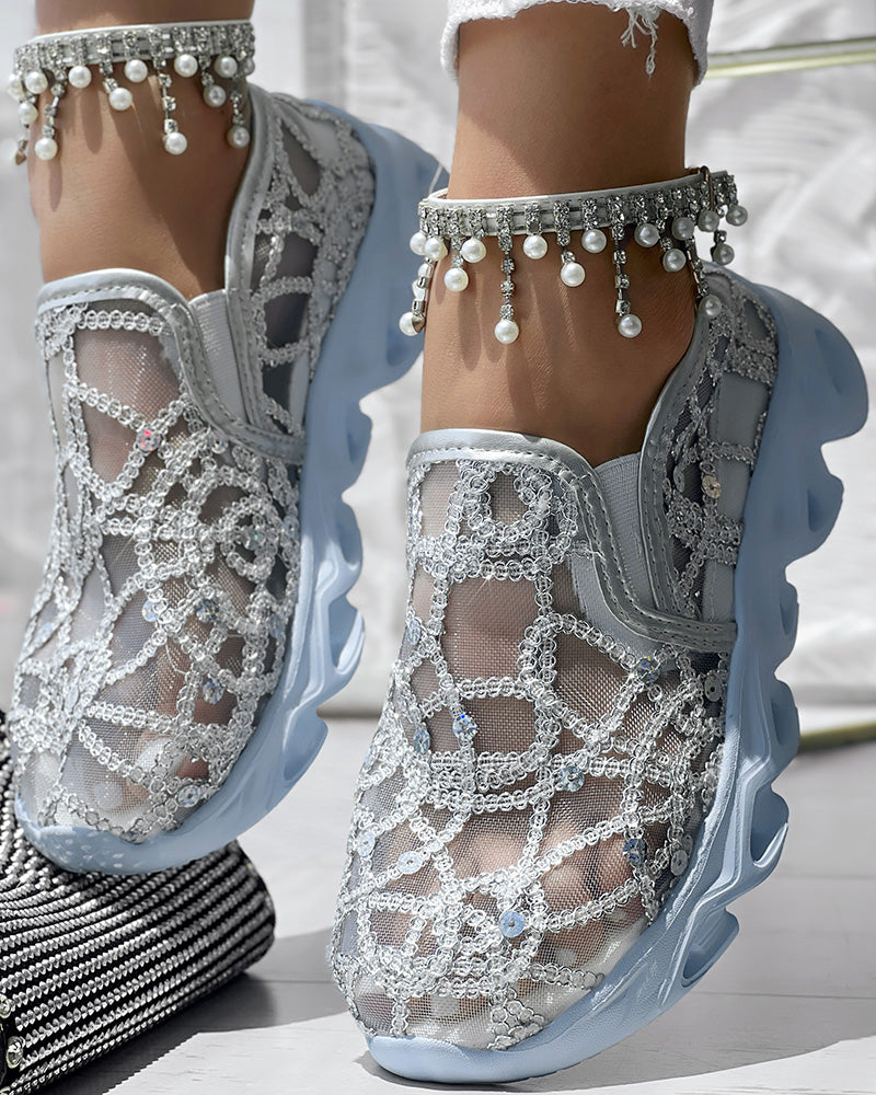 Contrast Sequin Sheer Mesh Patch Breathable Sneakers - Image 12