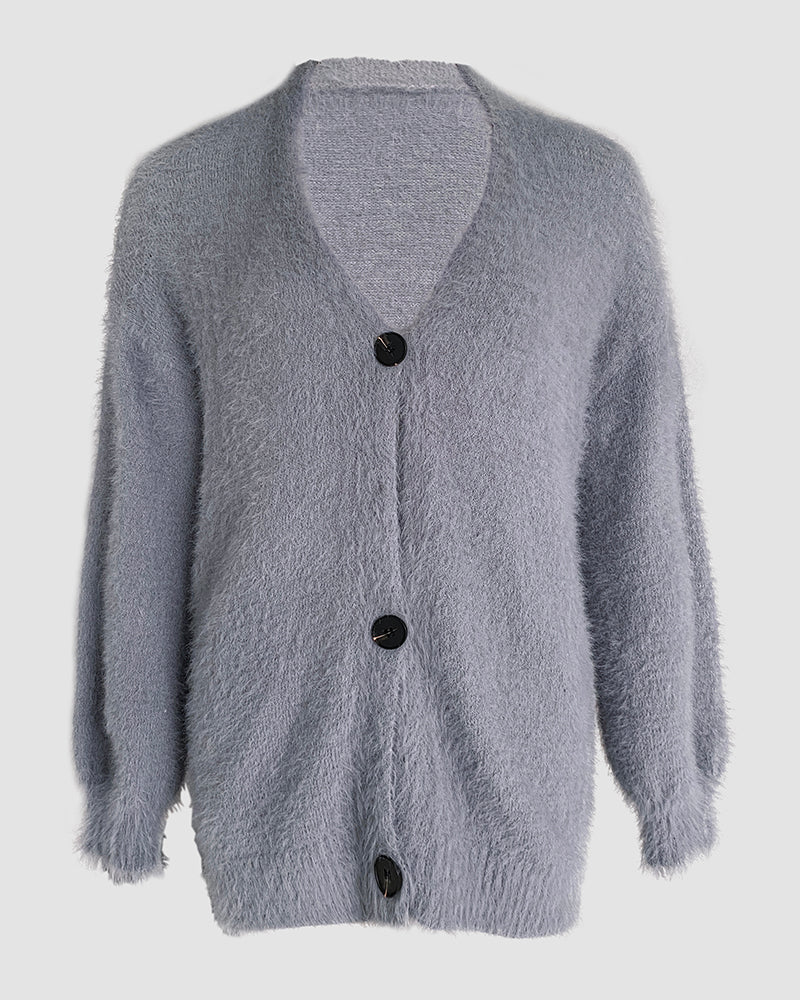 V-Neck Single Breasted Fuzzy Cardigan Casual Minimalist Sweater Coat - Image 5