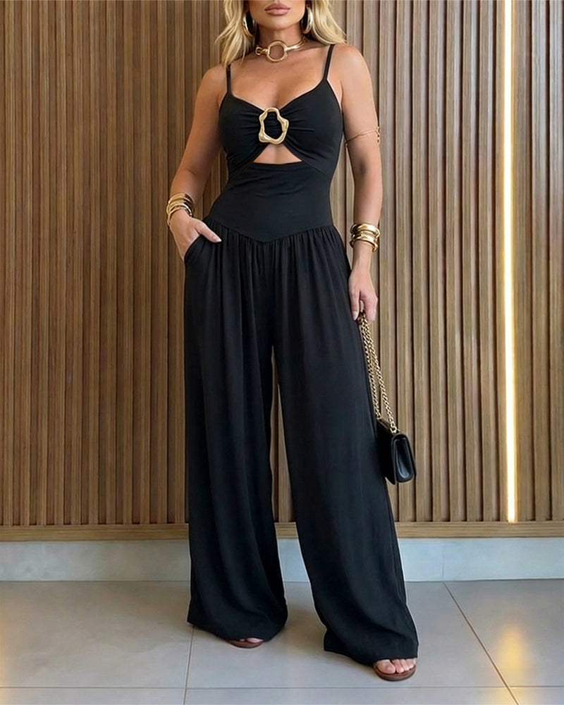 Women's Gold Ring Hollow Out Wide Leg Jumpsuit Backless Adjustable Strap Romper Elegant Party Jumpsuit - Image 5