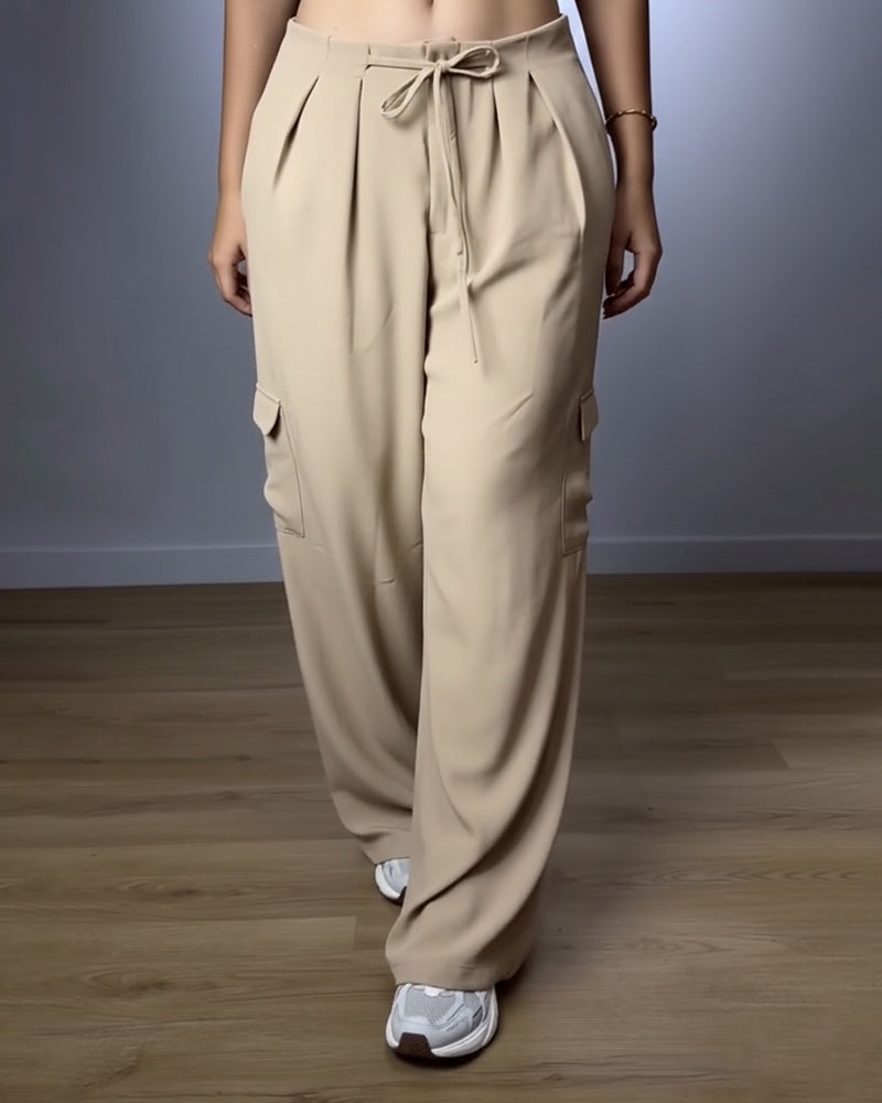High Waist Drawstring Pleated Front Wide Leg Trousers Casual Flap Pockets Design Cargo Pants - Image 4