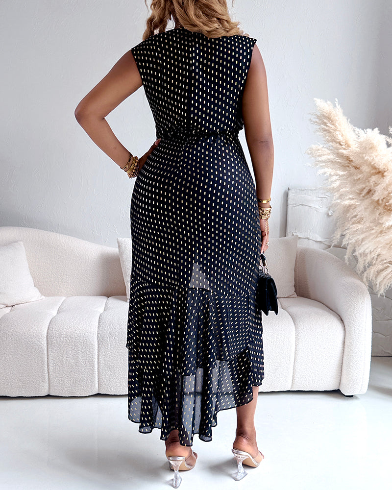 Silver Foil Pattern Sleeveless Cinched Waist Party Dress Elegant Asymmetrical Ruffles Slit Evening Dress - Image 2