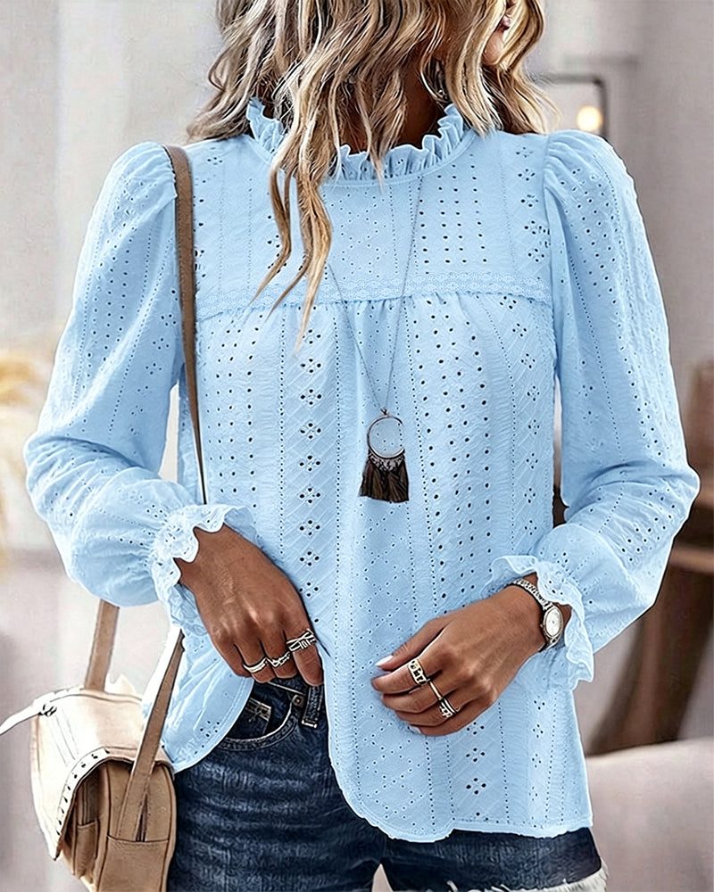 Women's French Style Eyelet Embroidery Blouse Elegant Frill Hem Stand Collar Puff Sleeve Top Lace Patchwork Shirt - Image 7