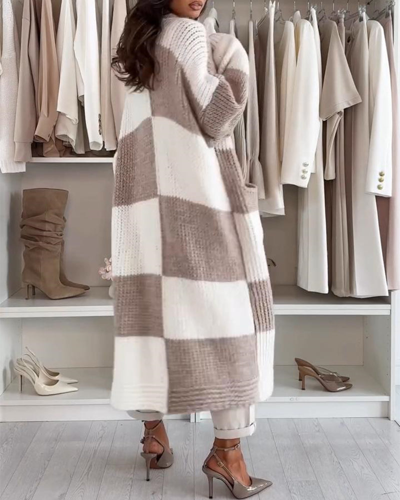 Women's Checkerboard Knit Cardigan Oversized Long Chunky Sweater Loose Lantern Sleeve Coat with Pockets - Image 2