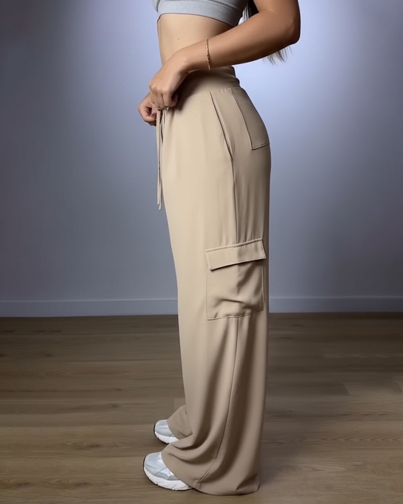 High Waist Drawstring Pleated Front Wide Leg Trousers Casual Flap Pockets Design Cargo Pants - Image 3