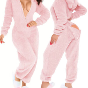 3D Ear Buttoned Flap Functional Fluffy Lounge Jumpsuit