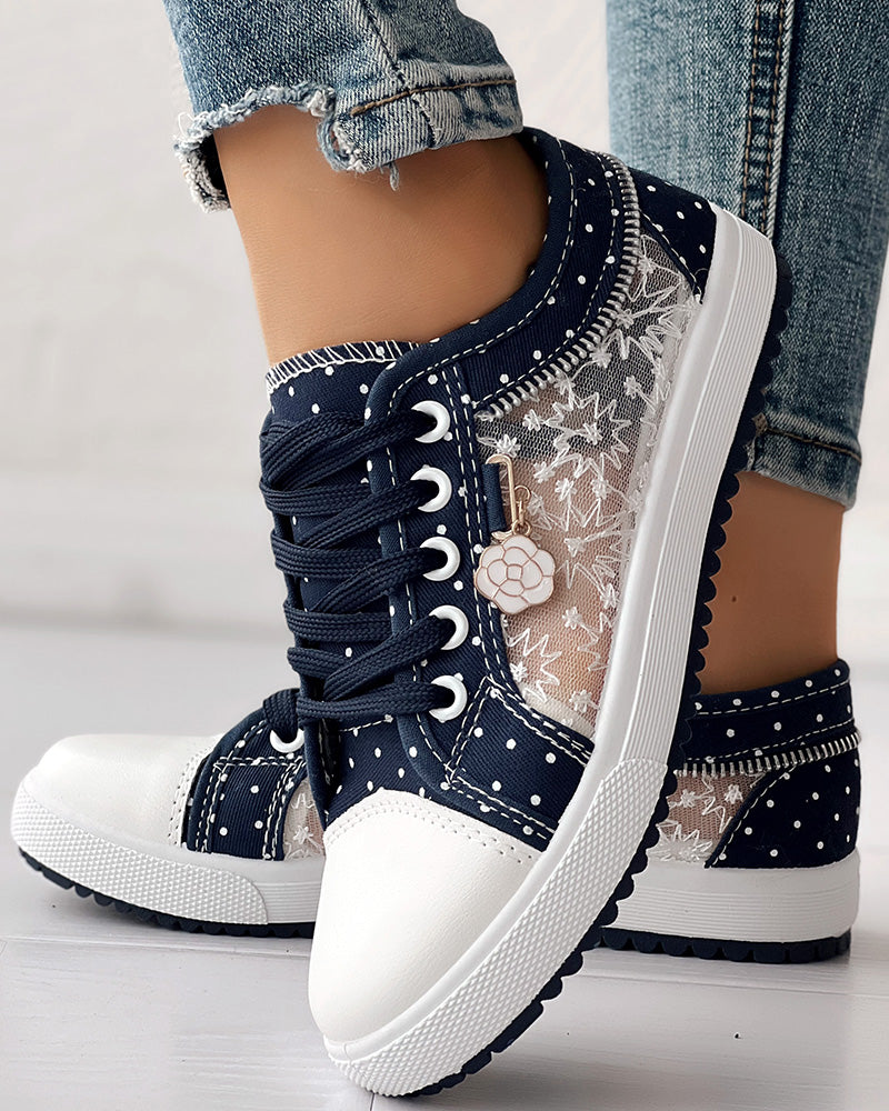Floral Pattern Embroidery Dot Print Sneakers - Image 3