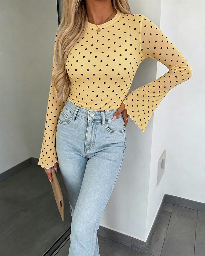 Women's Polka Dot Mesh Top Flare Long Sleeve Boat Neck Lined Asymmetric Frill Hem Blouse Vintage Party Shirt - Image 13
