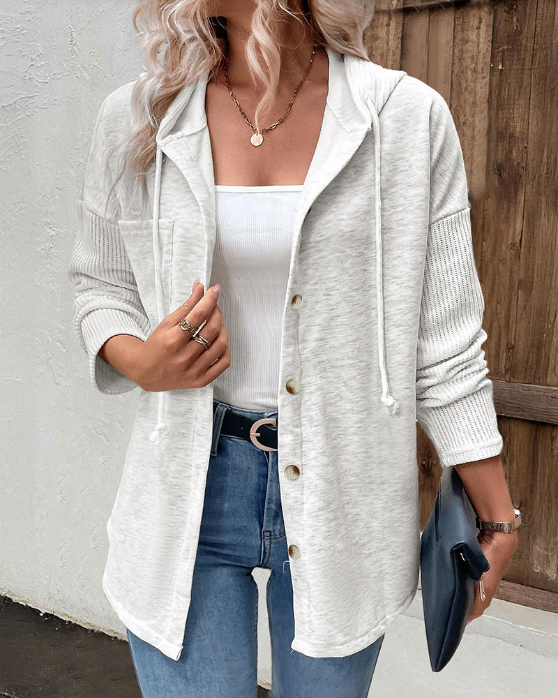Long Sleeve Knit Ribbed Spliced Button Front Drawstring Hoodie Jacket Casual Drop Shoulder Pocket Design Asymmetrical Hem Coat - Image 6