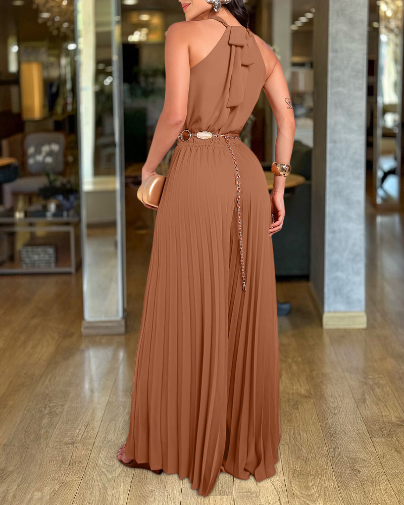 CHICME Women's Halter Tie Wide Leg Jumpsuit Pleated High Waist One-Piece Romper Elegant Sleeveless Evening Party Jumpsuit without Waist Chain - Image 6