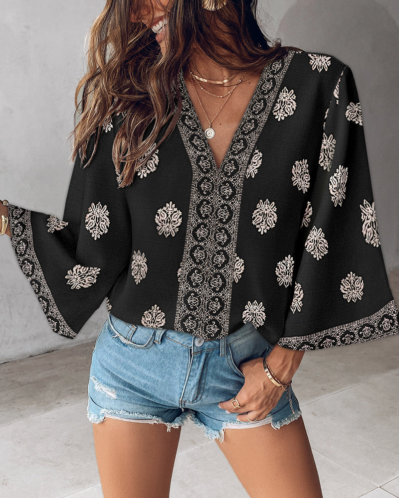 Floral Print V Neck Long Sleeve Blouse Casual Loose Fit Top - Image 11