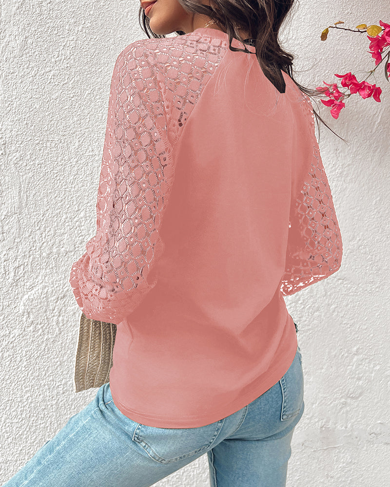 Contrast Lace Round Neck Lantern Sleeve Ruched Blouse Elegant Shirt - Image 12