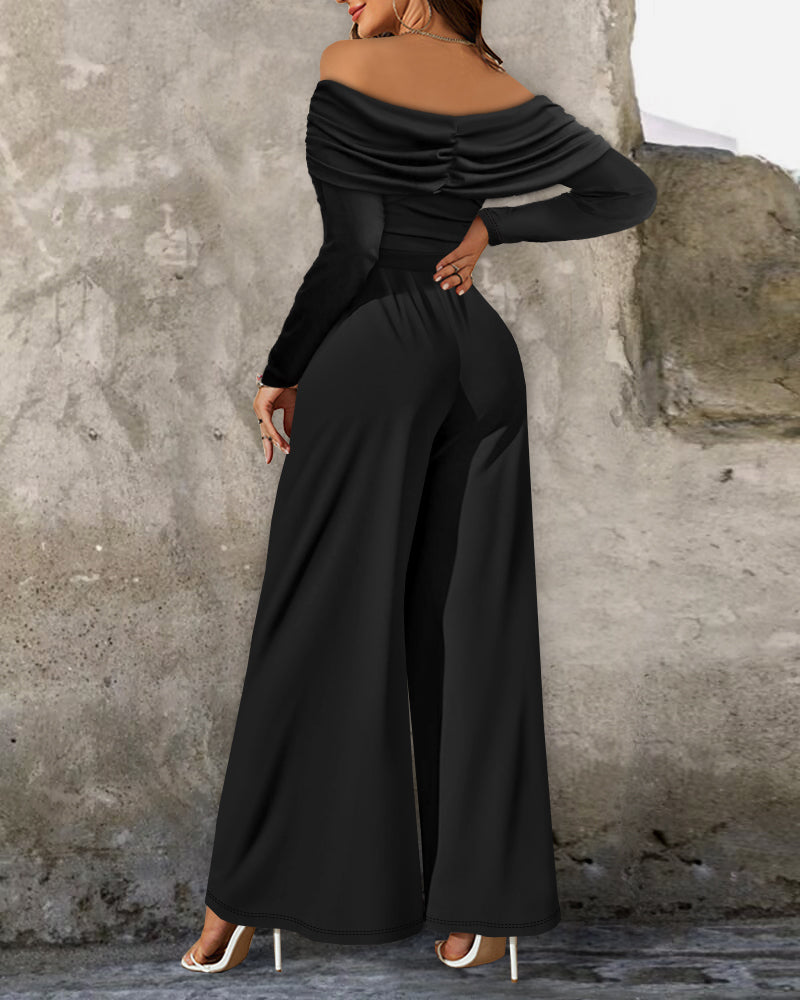Metal Ring Decor Off Shoulder Ruched High Waist Jumpsuit Casual Cinched Waist Wide Leg Jumpsuit - Image 2