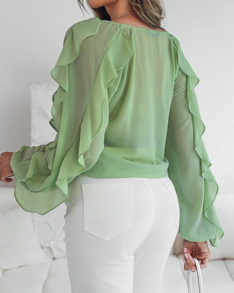 V Neck Shoulder Ruffles Design Blouse Casual Button Front Long Sleeve Top - Image 9