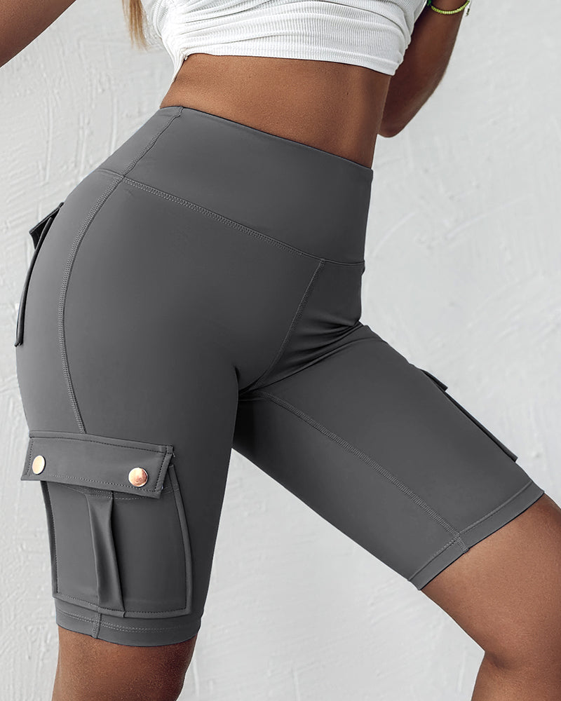 Tummy Control Butt Lifting Active Shorts High Waist Flap Pocket Workout Bermuda Cargo Running Shorts - Image 9