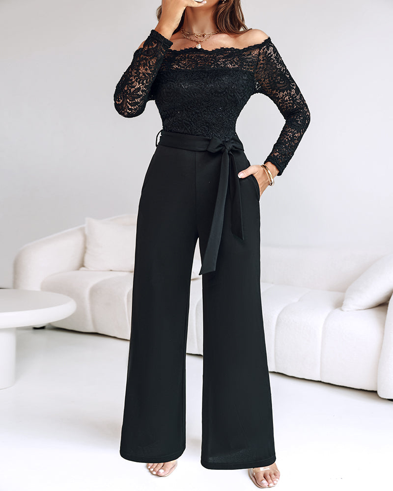 Off Shoulder Long Sleeve Eyelash Lace Spliced Slim Fit Overalls Casual Zipper Back Jumpsuit with Belt - Image 3