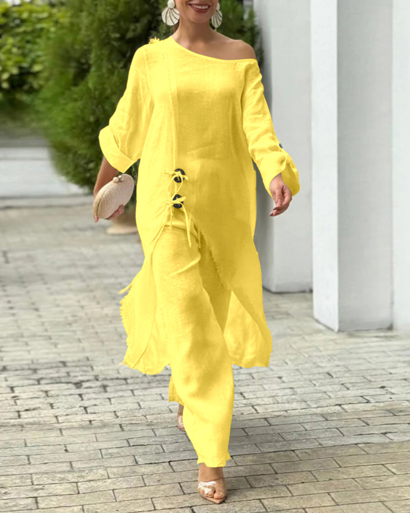 2 Pieces Outfit Button Decor One Shoulder Turn-Up Sleeves Slit Raw Edges Top and Casual Drawstring Elastic Waist Wide Leg Pants Set - Image 16
