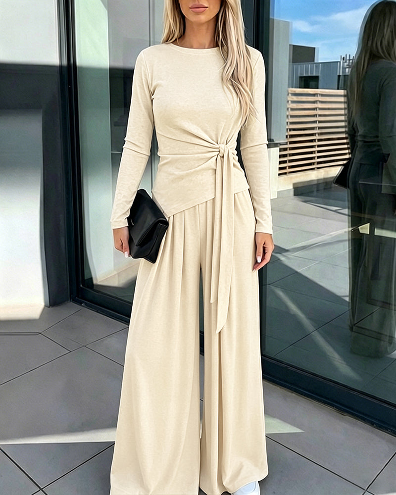 Women's 2 Piece Knit Lounge Set Long Sleeve Tie Waist Top and High Waisted Wide Leg Pants Casual Soft Sweatsuit with Pockets - Image 28