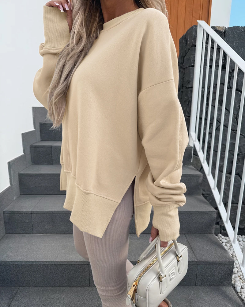 Women's Casual Crewneck Sweatshirt Loose Long Sleeve Side Slit Pullover Top with Thumb Holes - Image 2