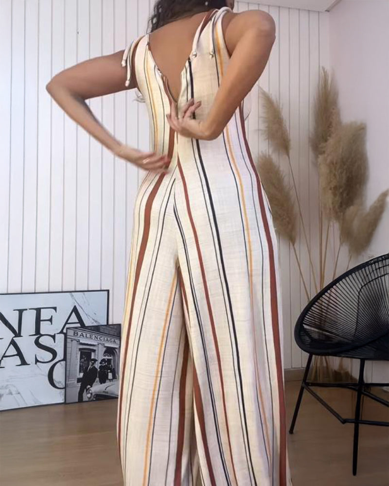 Women's V Neck Bow Tie Shoulder Striped Jumpsuit Casual Loose Wide Leg Overalls with Pockets - Image 2