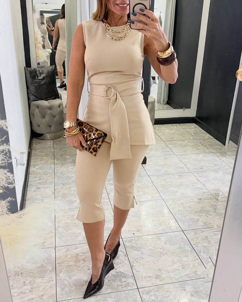 Women's 2 Piece Outfit Sleeveless Asymmetrical Hem Top and High Waist Side Slit Capris Set - Image 3