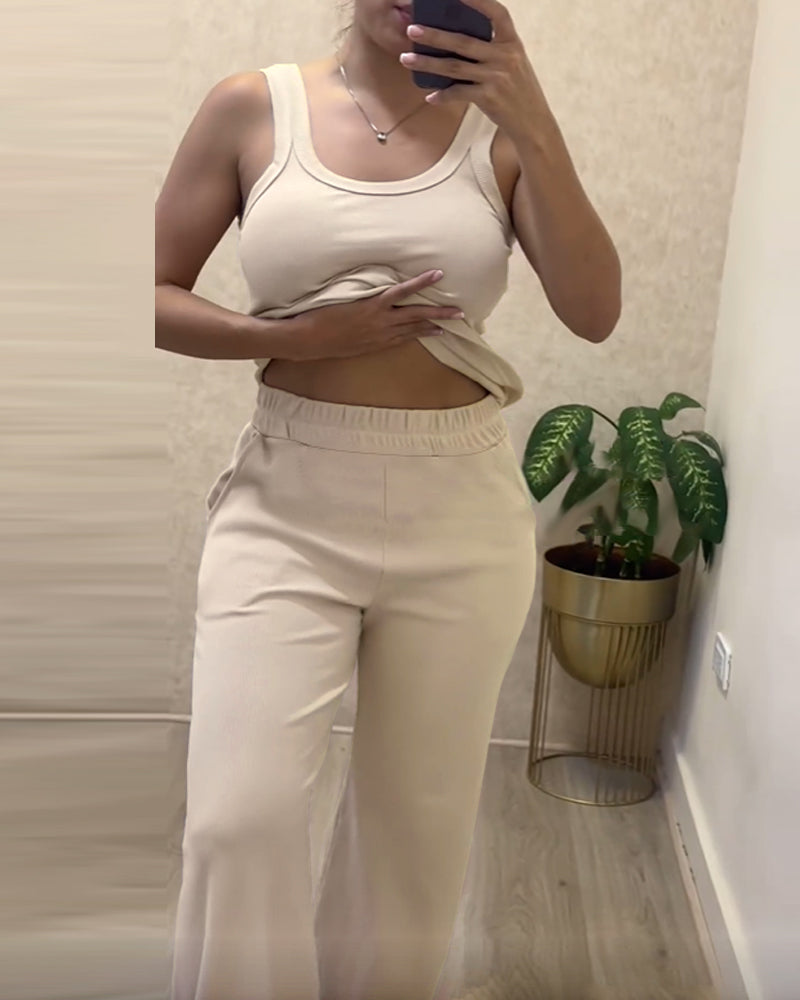 2 Piece Loungewear Set U-Neck Sleeveless Ribbed Tank Top and Stretchy High Waist Straight Leg Pocket Design Pants Tracksuit - Image 2