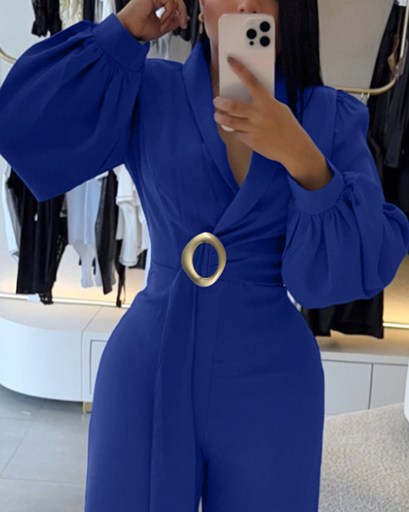 Metal Ring Decor Overlap V-Neck Lantern Sleeve Zipper Back Jumpsuit Casual Cinched Waist Wide Leg Jumpsuit - Image 10
