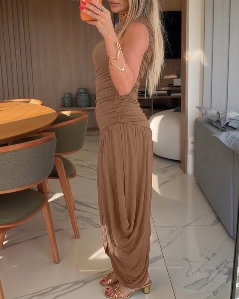 Women's One Shoulder Ruched Side Bodycon Dress Asymmetrical Hem Sleeveless Slim Fit Party Dress - Image 2