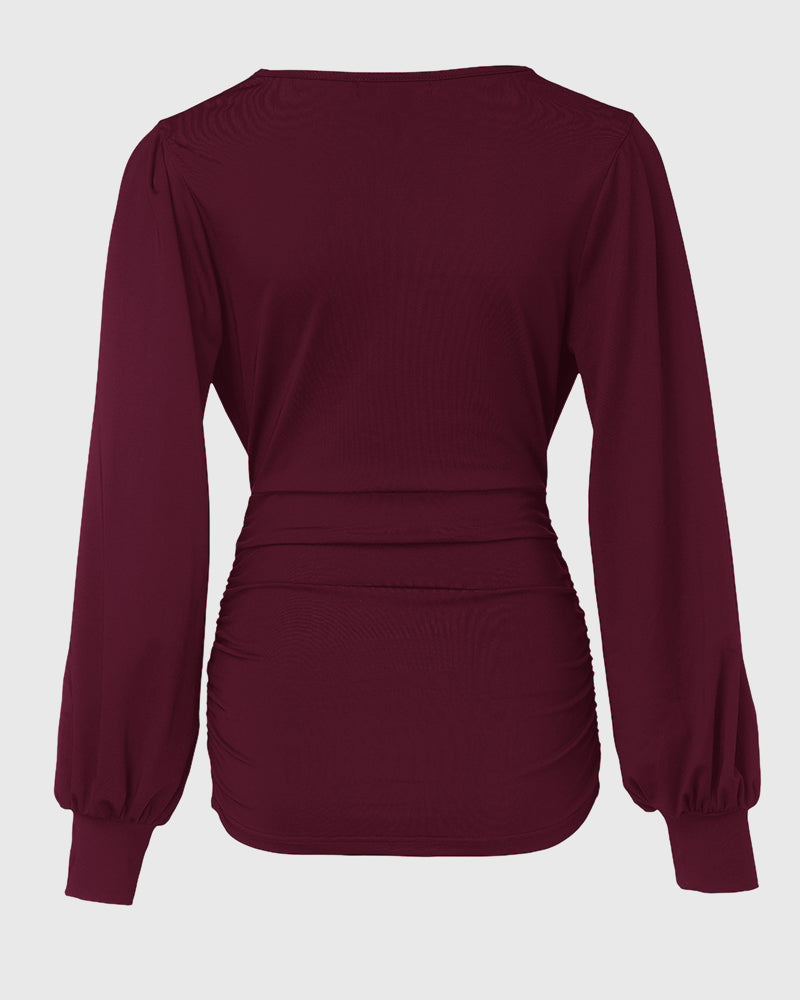 Deep V-Neck Lantern Sleeve Ruched Blouse Casual Slim Fit Top - Image 15