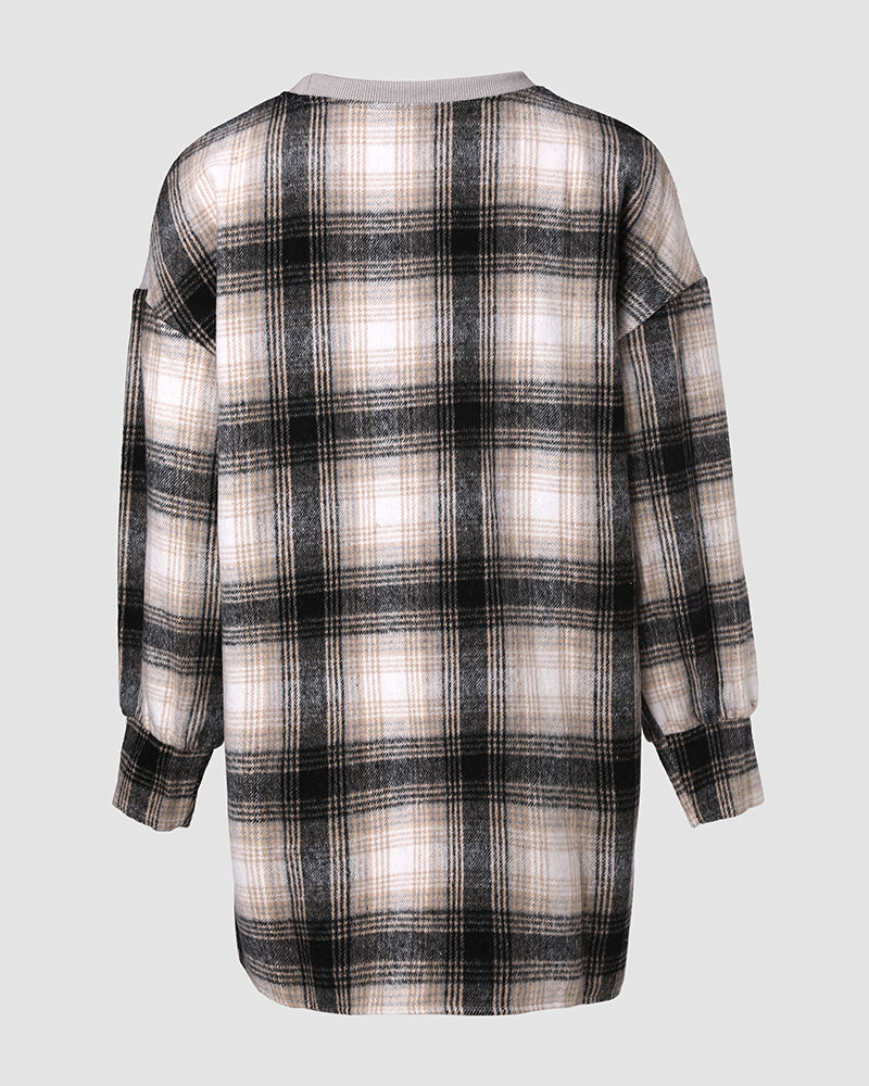 Plaid Print Spliced Long Sleeve Drop Shoulder Sweatshirt Casual Side Slit Top - Image 6