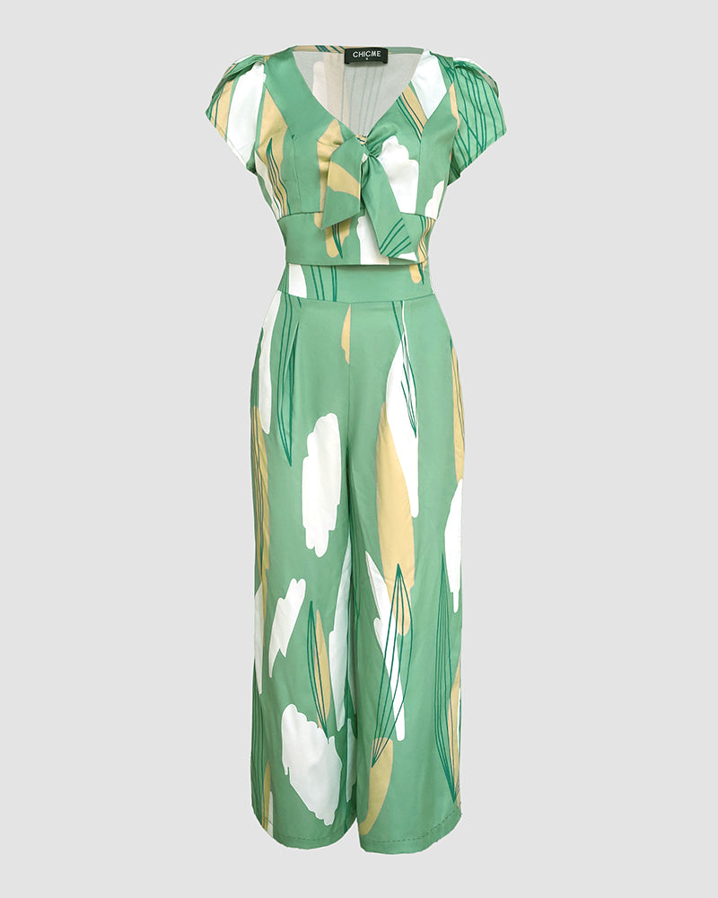 2 Pieces Outfit V Neck Petal Sleeve Tie Front Shirred Back Hem Crop Top and High Waist Elastic Back Waist Wide Leg Pants Set Casual Colorblock Abstract Print Set - Image 6