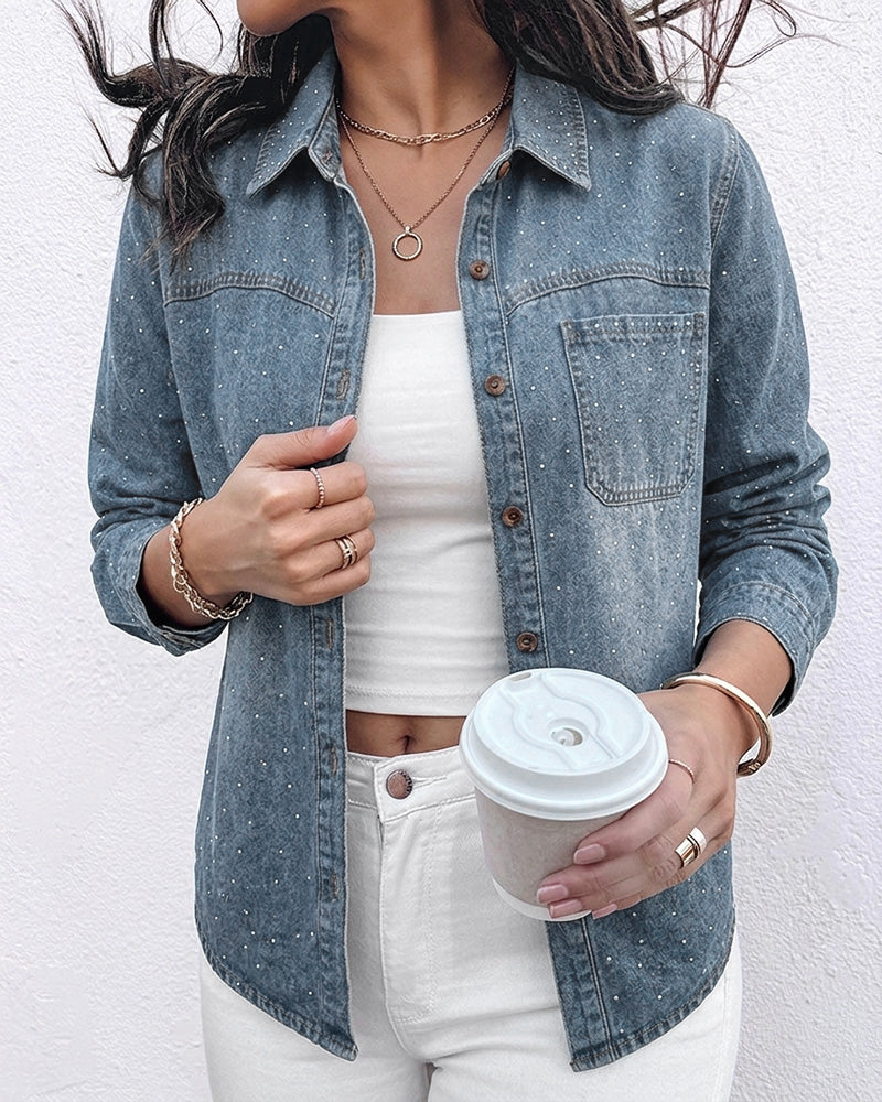 Women's Rhinestone Denim Jacket Washed Button-Down Shacket Sparkling Loose Fit Long Sleeve Casual Outerwear - Image 5