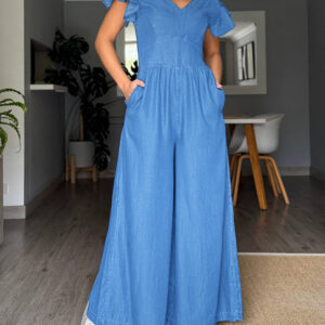 V-Neck Flutter Sleeve Cinched Waist Wide Leg Denim Look Overalls Casual High Waist Backless Shirred Back Jumpsuit