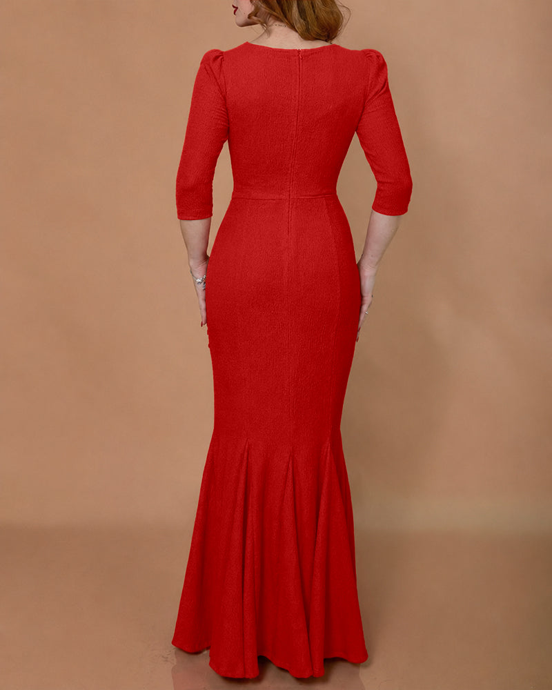 Women's 3D Floral Twist Mermaid Maxi Evening Gown Elegant Three Quarters Sleeve Bodycon Party Dress - Image 2
