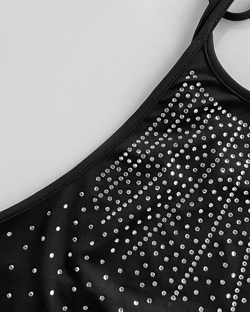 Rhinestone Decor Halter Tie Cowl Neck Long Sleeve Tee Casual Sheer Mesh Spliced Backless Top - Image 6