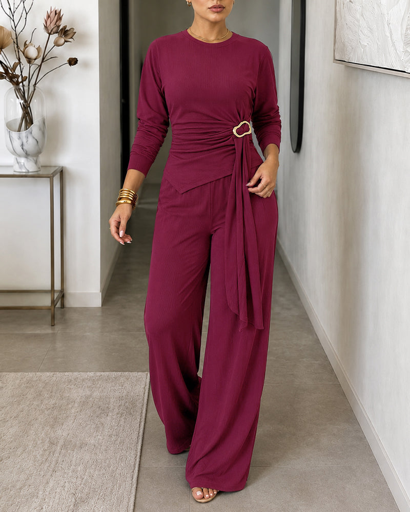 Women's 2 Piece Ribbed Knit Set Gold Buckle Asymmetric Long Sleeve Draped Top and Wide Leg Pants Set - Image 5