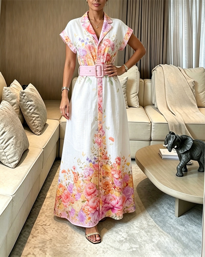 Women's Floral Print Maxi Dress Notched Collar Button Down Swing Dress Elegant French Style Vacation Dress with Belt - Image 5