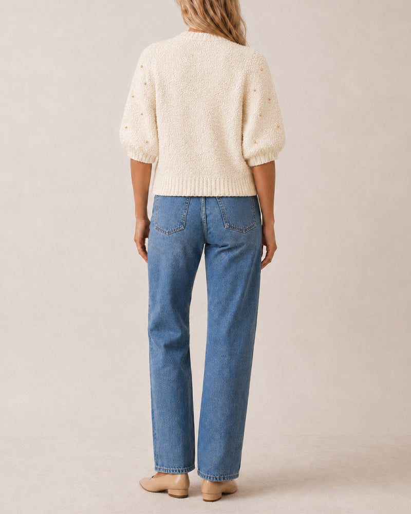 Women's Boucle Knit Cardigan Gold Beaded Puff Sleeve Sweater Crewneck Button Up Elegant Crop Outerwear - Image 7